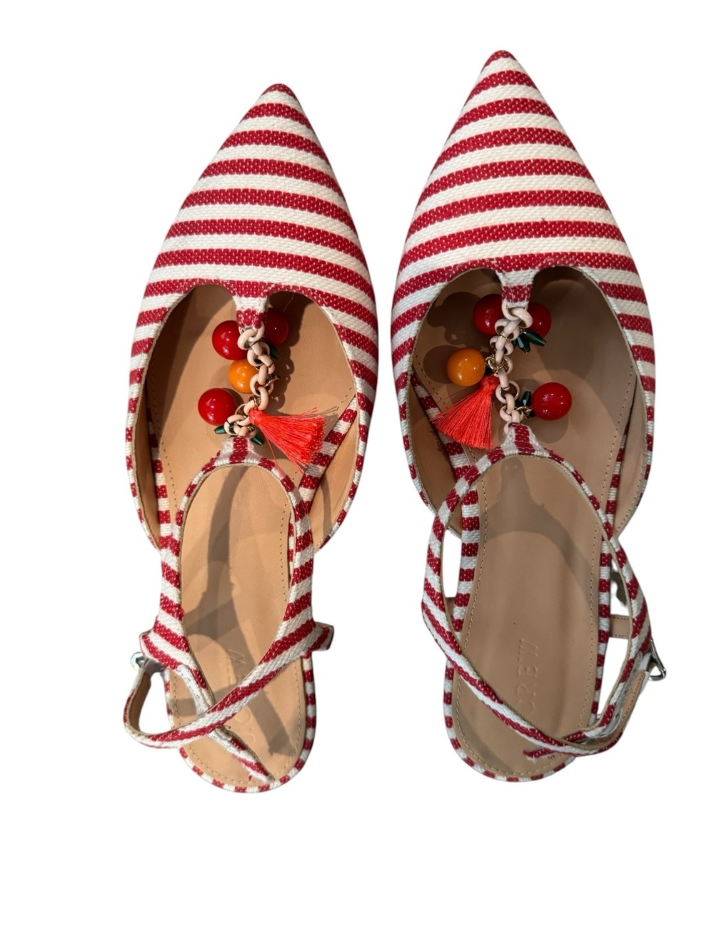 J. Crew Red & White Striped Pointed Slingback Flats with Bead Tassel